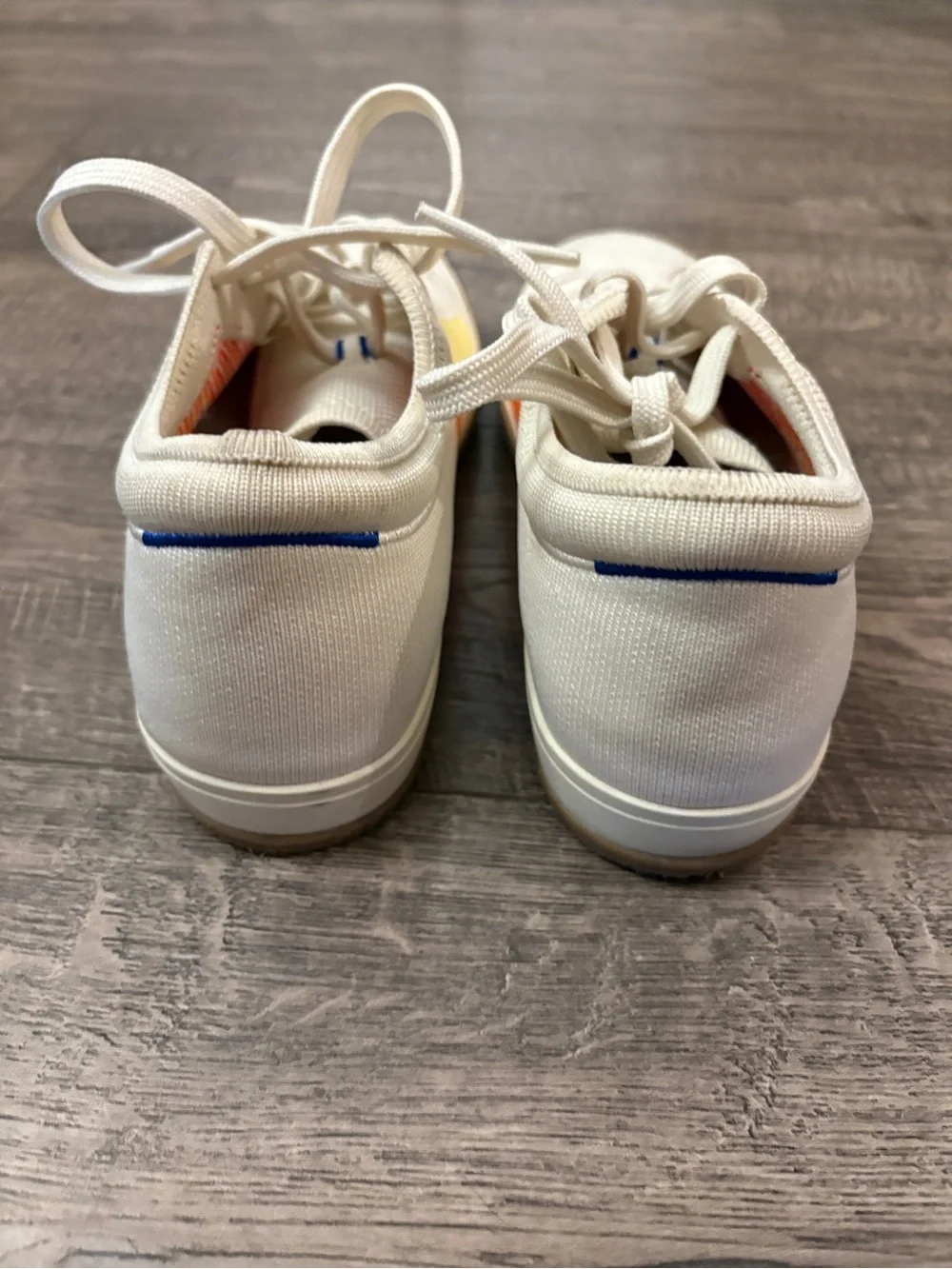 Rothy's Cream Canvas Sneakers with Yellow and Orange Stripe Sz 7